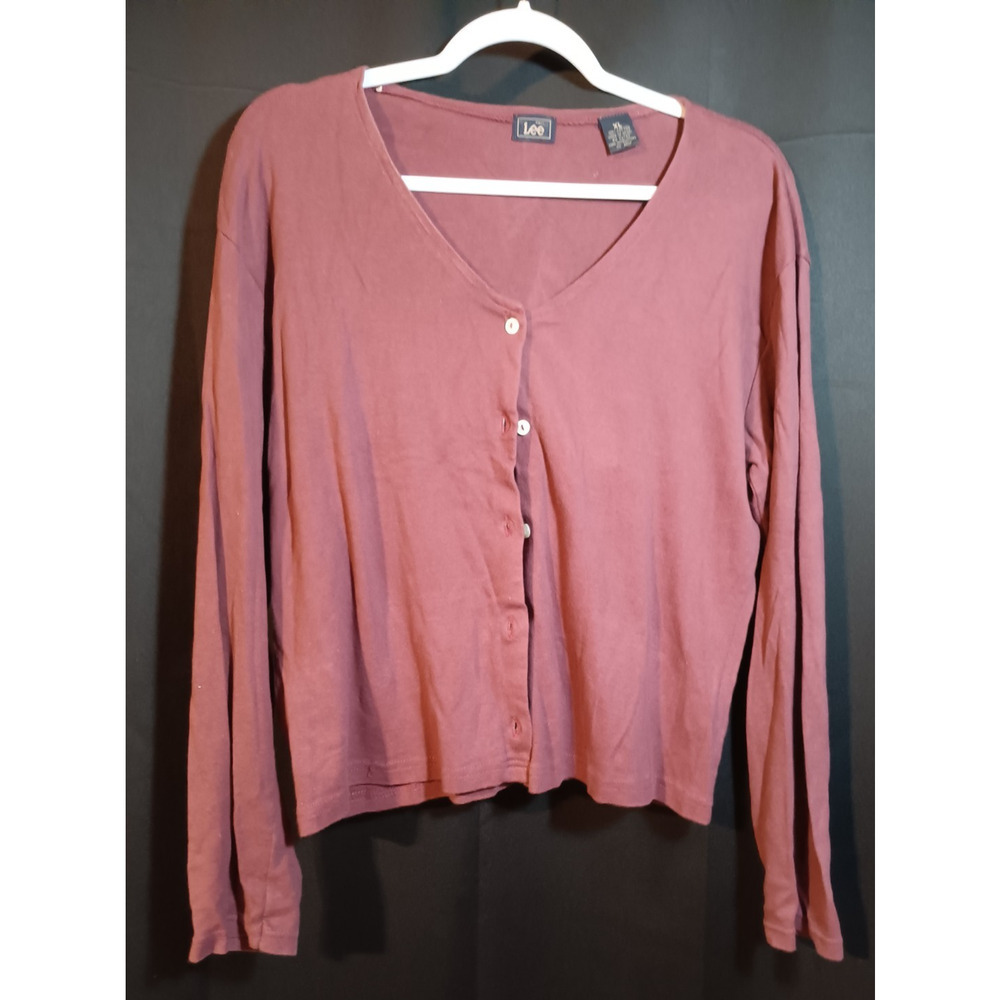 VTG Y2K Lee Classic Maroon Cotton Cardigan XL Button-Up Long Sleeve Retro Preppy - Picture 3 of 4